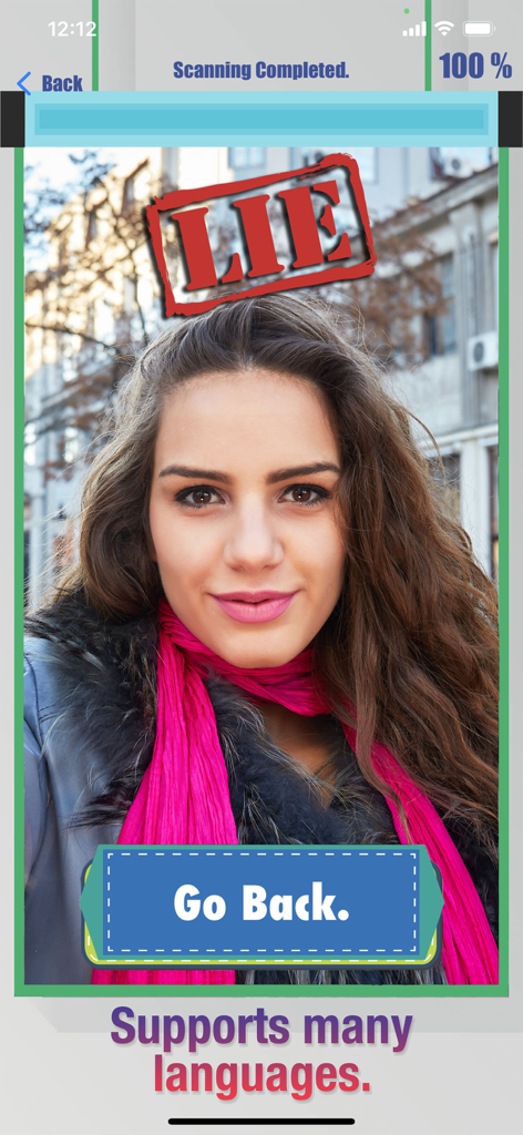 A mobile screen showing the Face Lie Detector app result with a red LIE stamp over a woman's photo.