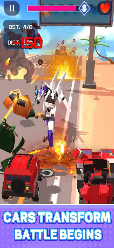 Smash Car: Robot Racing - Um robô mecha branco esmagando carros em uma estrada ensolarada em Smash Car Robot Racing.
