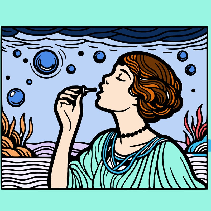 pop art style woman blowing a bubble underwater