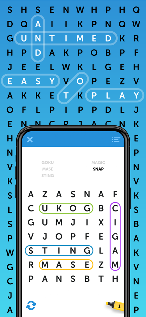 Simple Word Search Puzzles - Pantalla de juego de un crucigrama sencillo con resaltados de colores para las palabras encontradas