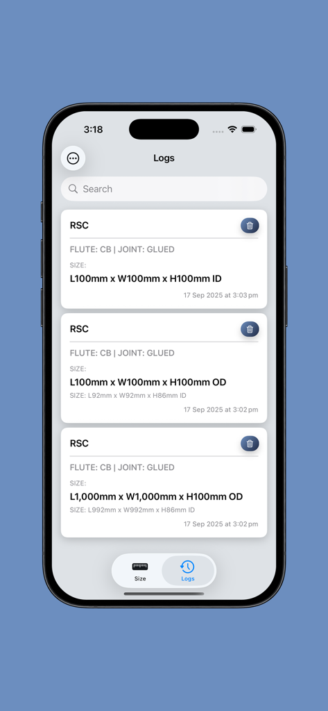 BoxMaster - BoxMaster app Logs screen displaying a list of saved corrugated box calculations including dimensions and flute types.