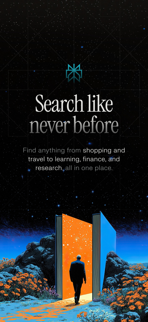 Perplexity AI search app welcome screen with a slogan and artistic illustration of a person walking into a glowing book