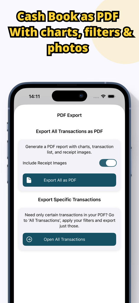 Cash Book: Cash Counter - Una pantalla de la aplicación Cash Book que muestra opciones para exportar transacciones financieras como un informe PDF con gráficos y recibos.