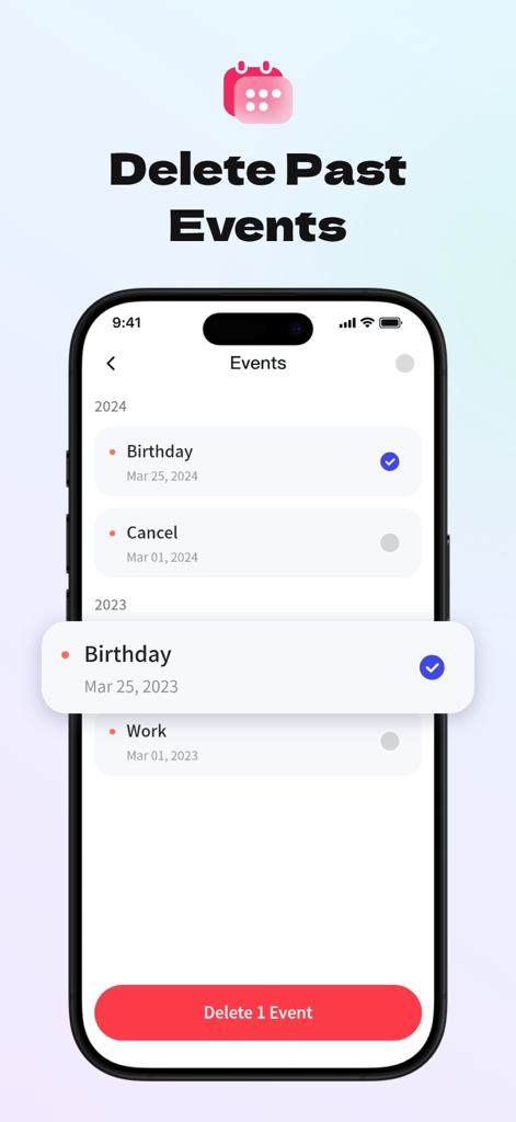 Interface of AI Clean app showing the option to delete past calendar events