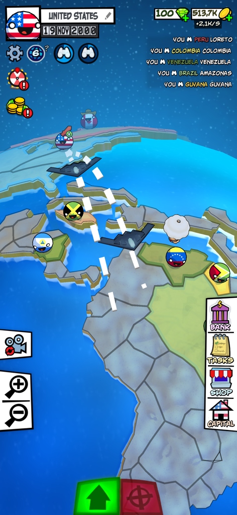 Strategic map gameplay in Country Balls State Takeover with countryball characters and military aircraft