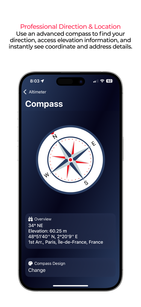 Cuspart Altimeter app compass interface showing professional direction, elevation, and precise GPS coordinate data.