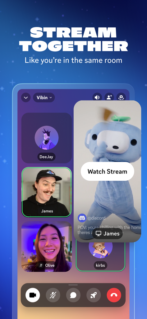 Interface do aplicativo móvel Discord mostrando amigos em uma videochamada em grupo com uma sobreposição de stream para assistir