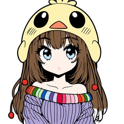 anime girl with chick shaped hat with sweater with bare shoulders with bangs covering them one eye with low tail