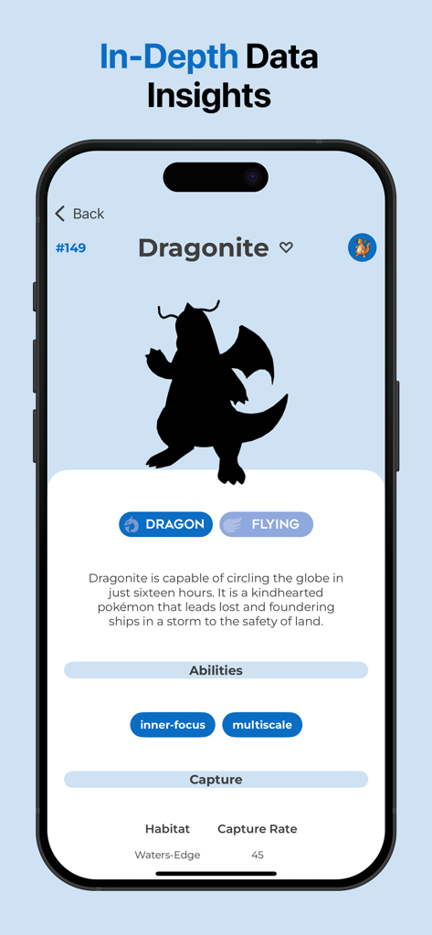 MonsterDex: The Ultimate Guide - MonsterDex app screen displaying Dragonite stats including type abilities and habitat