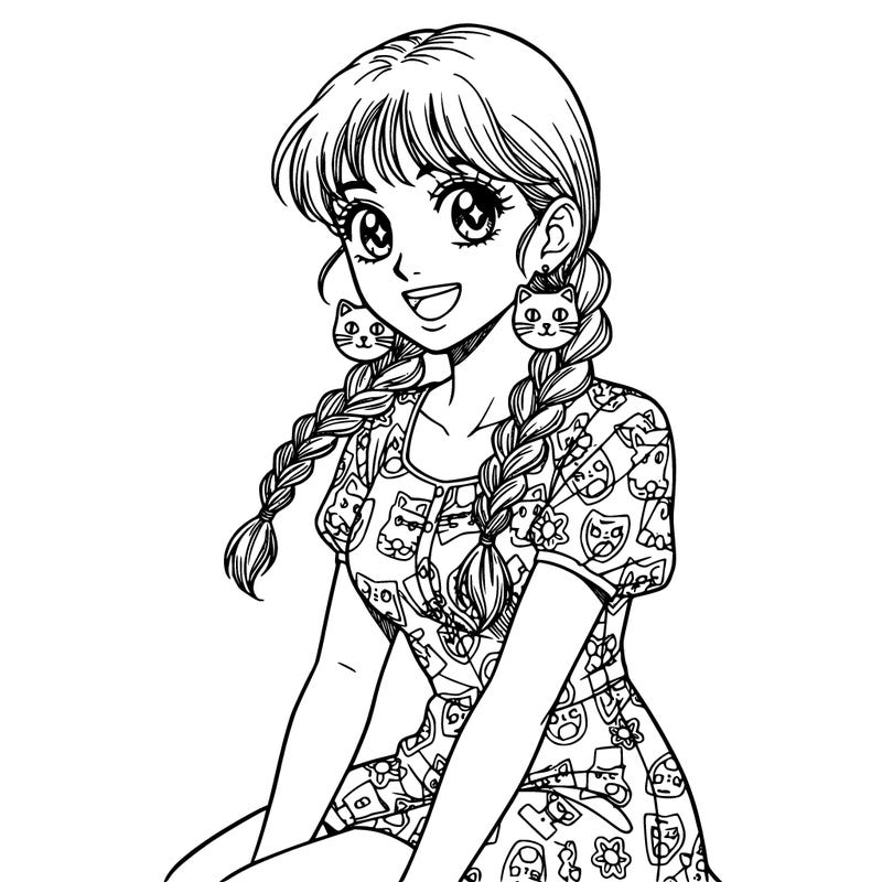 women with two braids cure cat earrings a nice dress make her not holding cats, don’t show her whole body like only till her chest, make her not standing but sitting don’t make a background