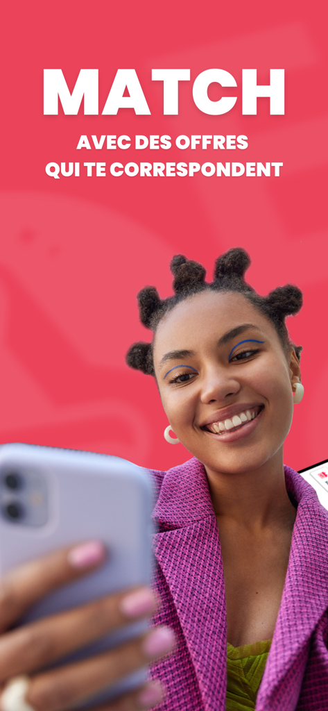 Extracadabra, ton job au choix - A smiling young woman holding a smartphone with text about matching with job offers.