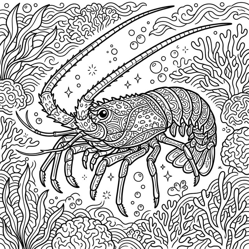 Immerse yourself in the beauty of the ocean with this intricate spiny lobster coloring page, designed specifically for adults. Its detailed patterns and underwater scenery offer a perfect escape for mindful relaxation and creative expression.
