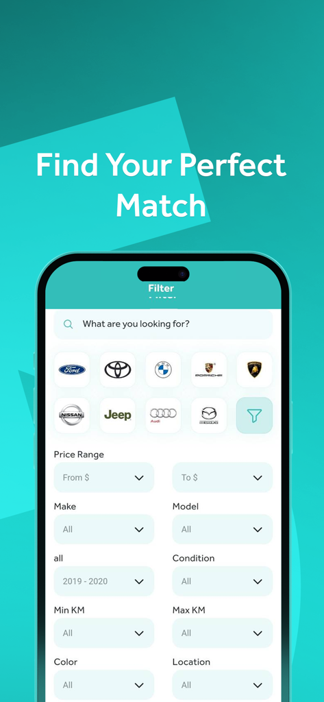 CAR GO: Buy, Sell and Go! - Search filter screen of the CAR GO app showing car brand logos and filtering options for price model and location