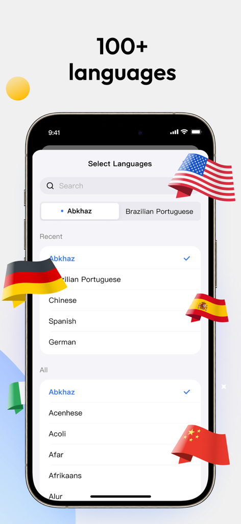 Instant Translator - Translate - Tela do aplicativo Tradutor Instantâneo mostrando uma lista de mais de 100 idiomas suportados com bandeiras internacionais decorativas