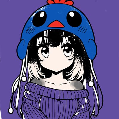 anime girl with chick shaped hat with sweater with bare shoulders with bangs covering them one eye with low tail
