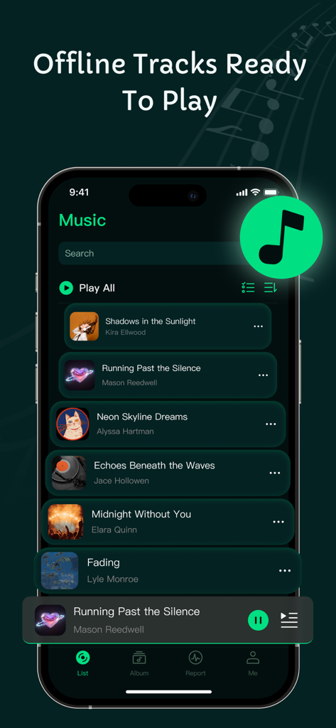 Offline Music MP3 Player - Eine mobile Benutzeroberfläche, die eine Bibliothek mit Liedern anzeigt, die für die Offline-Wiedergabe bereit sind.