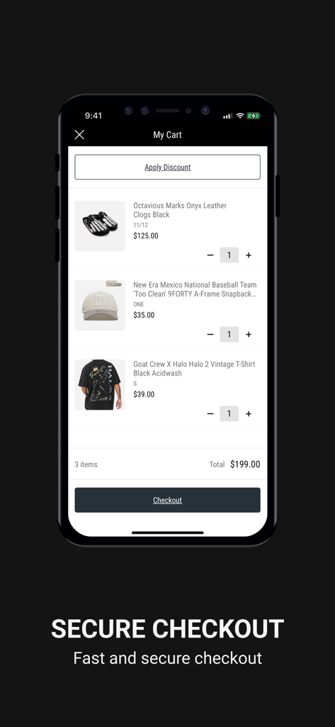 Culture Kings - Carrello dell'app Culture Kings che mostra una selezione di articoli streetwear e un pulsante di checkout sicuro