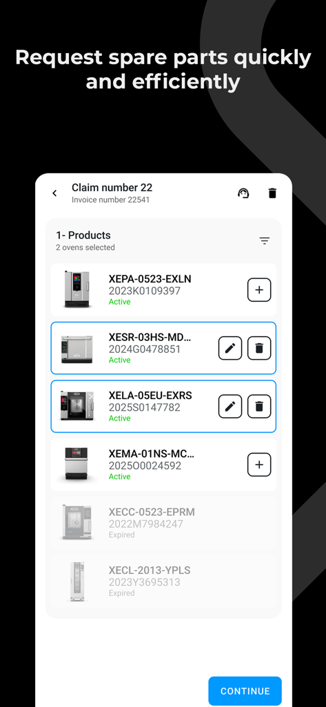 Unox Partner Hub - Pantalla de la aplicación Unox Partner Hub que muestra una lista de reclamaciones de repuestos para hornos profesionales
