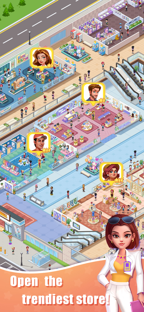 Idle Shopping Mall-Tycoon - Isometric view of a vibrant shopping mall with multiple clothing and shoe stores and a stylish female manager.