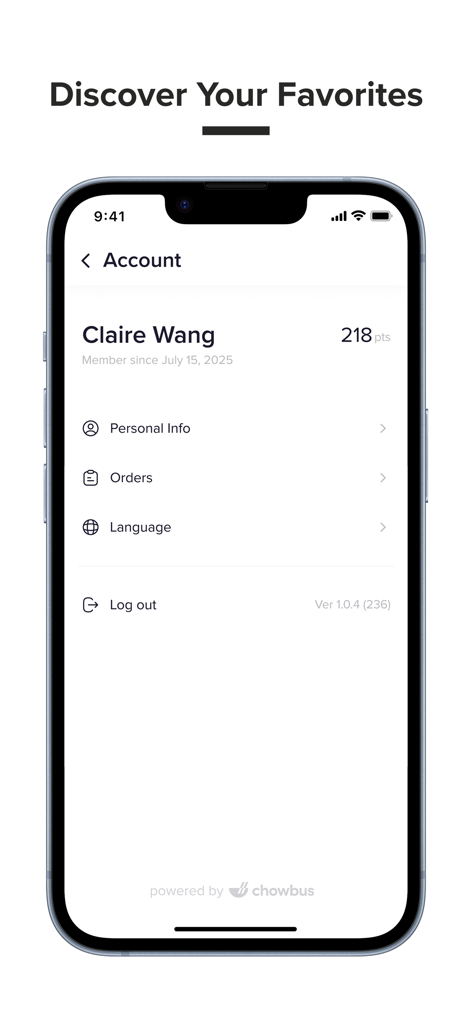 Wallace Chicken - Página de perfil de cuenta de la aplicación Wallace Chicken que muestra puntos de miembro y menú de navegación