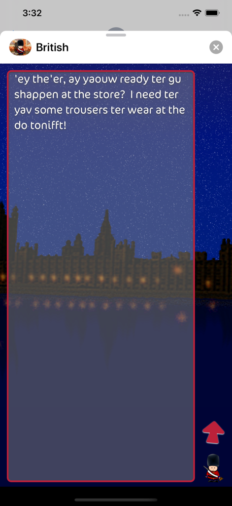 Speakin British - Speakin British app interface showing a cockney slang translation over a London night skyline.