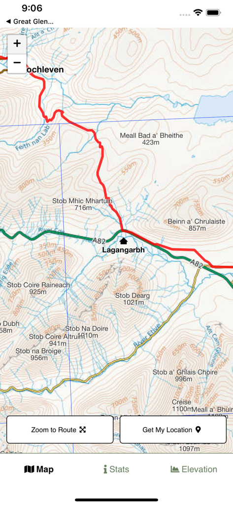 West Highland Way Map - Topographic map interface showing the West Highland Way hiking route with peaks and terrain contours