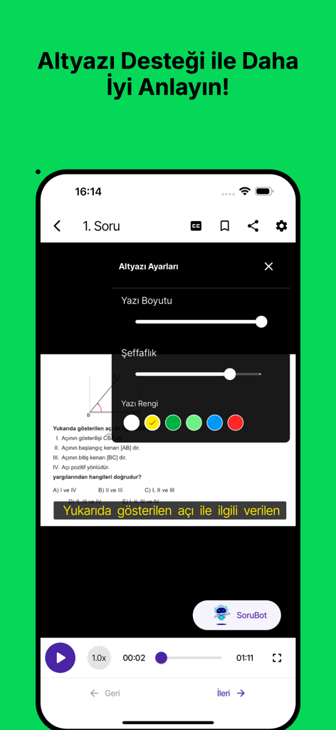 Karekök Video Çözüm - Karekök app showing subtitle settings for a math video solution