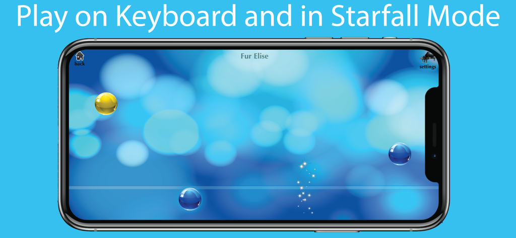 Piano with Songs - Modalità di gioco Starfall nell'app Piano con Canzoni che mostra note musicali cadenti per "Per Elisa"