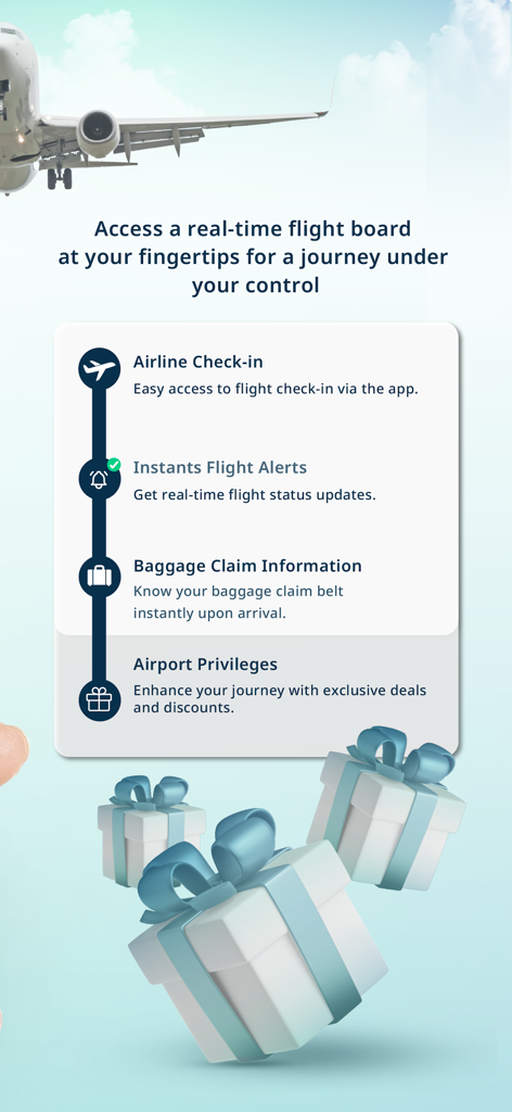 SAWASDEE by AOT app interface highlighting flight check-in, real-time alerts, baggage claim info, and exclusive airport privileges