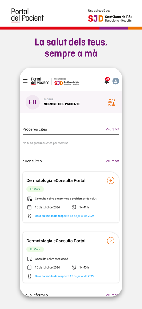 Portal Pacient SJD - Mobile dashboard of the Portal Pacient SJD app showing upcoming medical appointments and electronic consultations