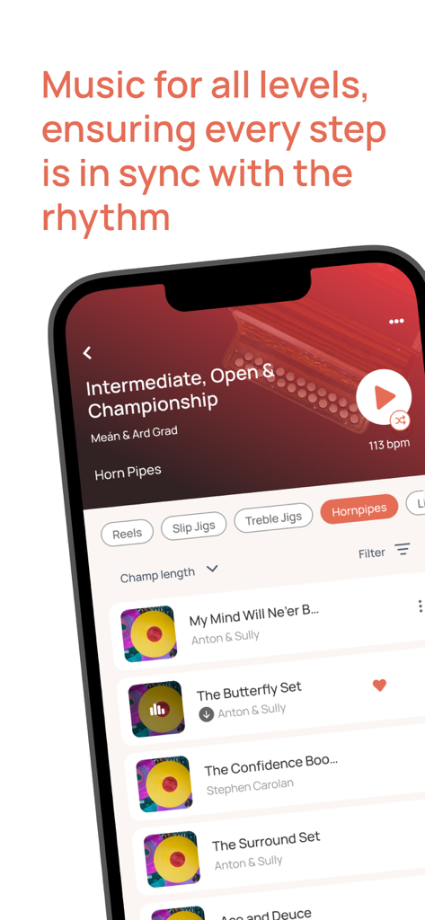 Feis app interface showing a curated list of Irish dance music categorized by dance type and tempo for championship dancers