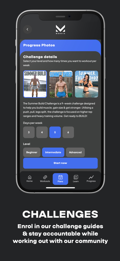 Morsia - Morsia app screen showing customizable fitness challenges like Summer Build and Shred with difficulty levels and frequency options