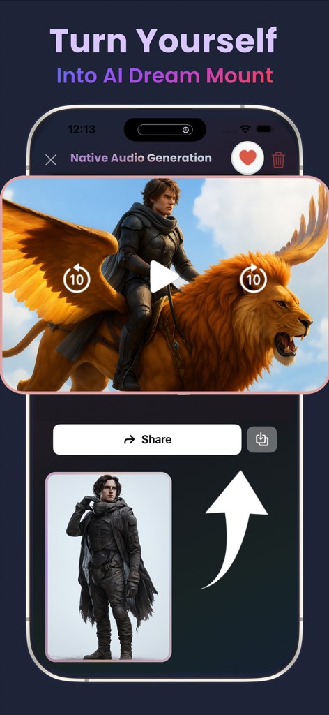Bing AI: bing image creator - A mobile app interface showing a user portrait transformed into a fantasy character riding a winged lion using Bing AI.