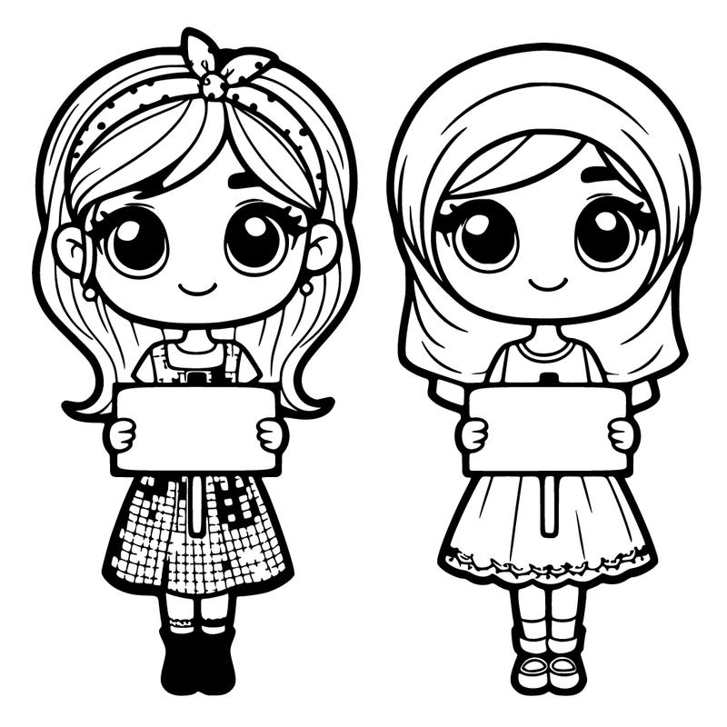 2 girls holding signs and have cute dresses