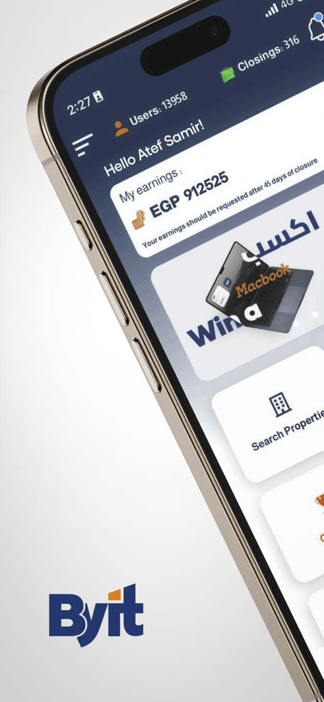 Dashboard dell'app immobiliare Byit che mostra guadagni e statistiche utente
