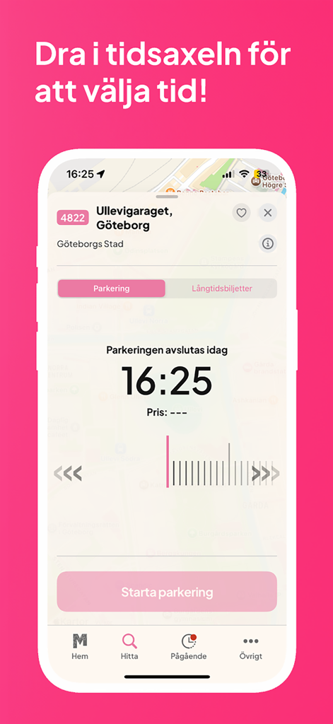 Mobill - Parking & Charging - Mobile app interface showing a timeline slider to select a parking end time at a garage in Gothenburg