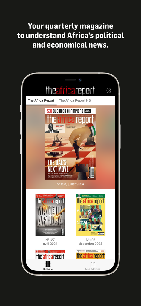 Die Magazin-App The Africa Report zeigt aktuelle digitale Ausgaben auf einem Smartphone