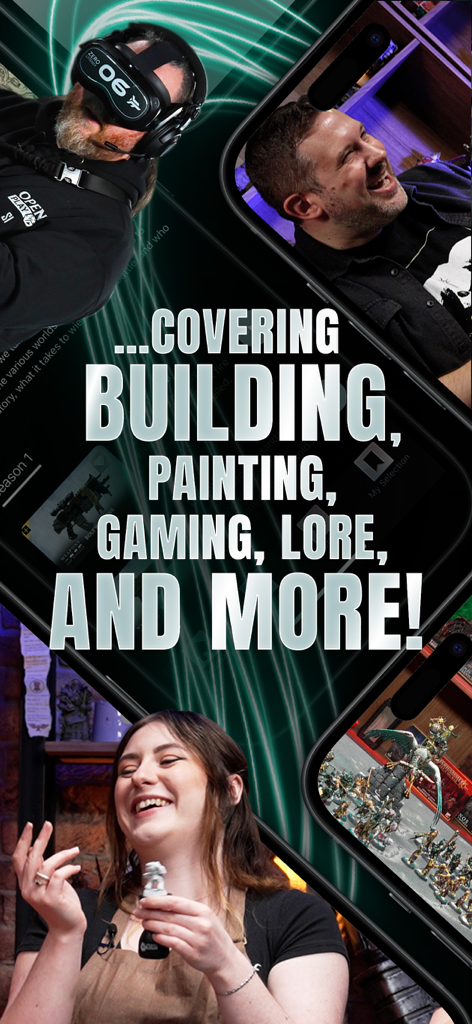 A promotional graphic for Warhammer TV featuring building painting gaming and lore content