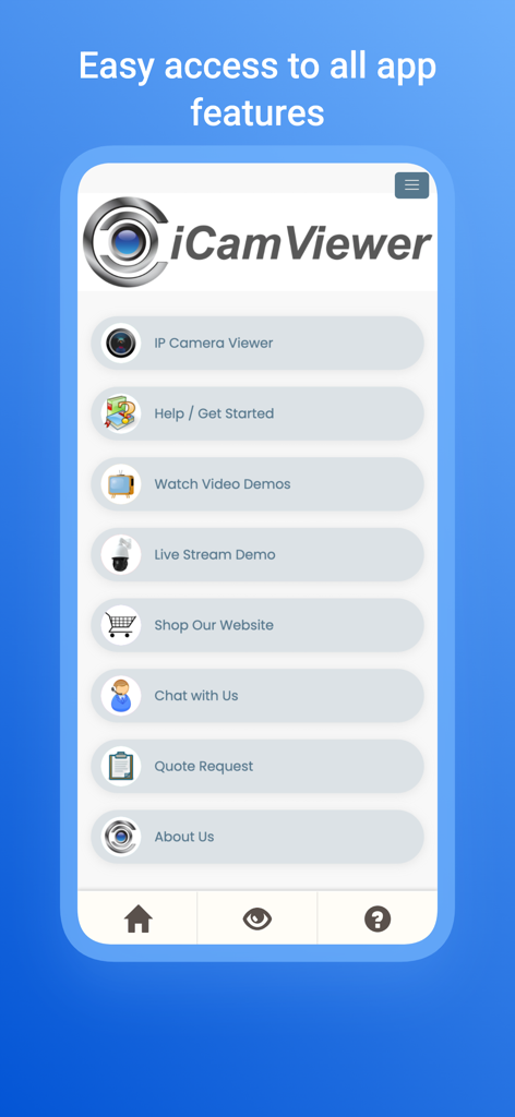 iCamViewer: IP Camera Viewer - Main dashboard of the iCamViewer mobile app showing features like IP Camera Viewer and Help guides