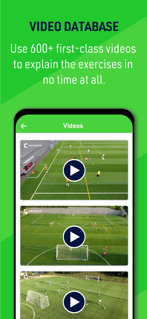 Coaching Zone - Smartphone screen showing the Coaching Zone app video database featuring professional soccer training drills and exercises.