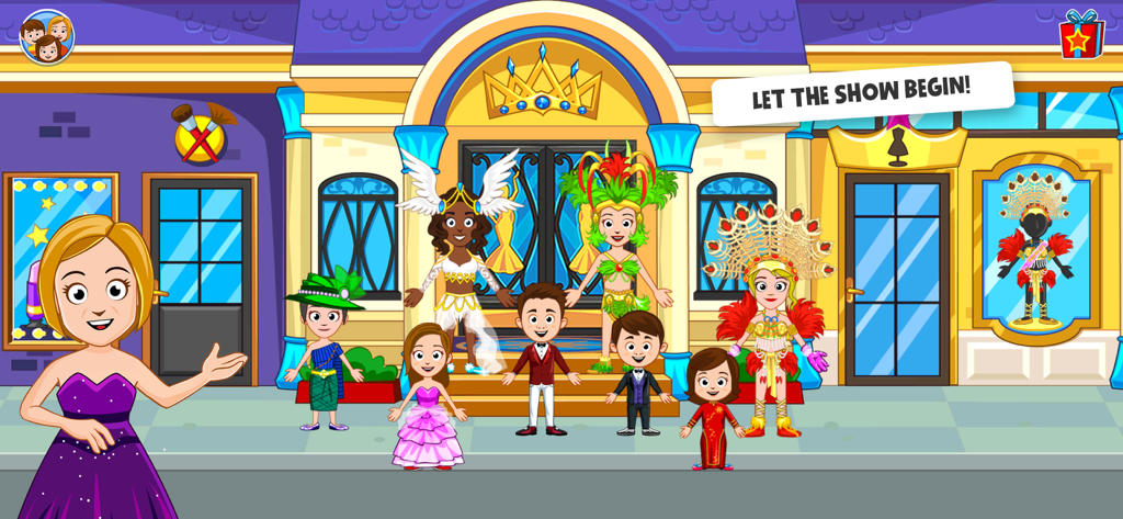 My Town : Beauty Contest - Diverse characters in elaborate pageant costumes for the My Town Beauty Contest show