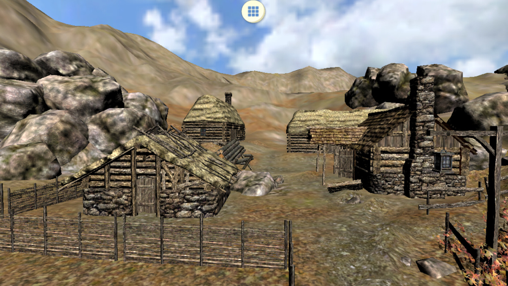 Escena de un pueblo medieval renderizado en 3D con casas de piedra y tejados de paja en un entorno montañoso rocoso.