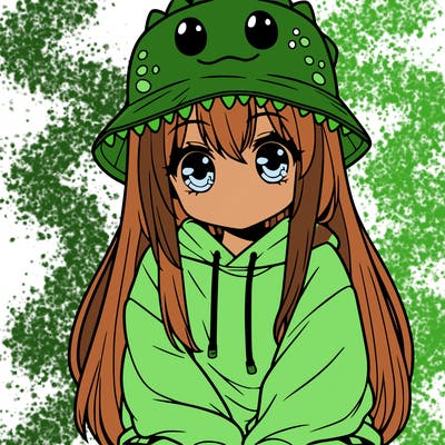 girl with anime shaped eyes with a dinosaur bucket hat oversized sweatshirt long straight hair