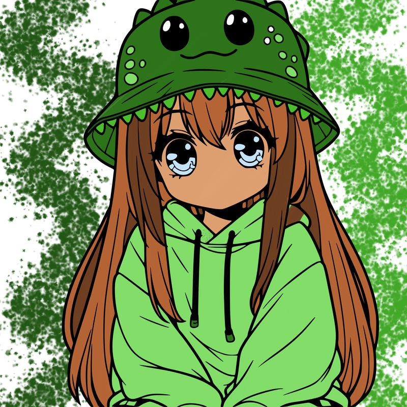 girl with anime shaped eyes with a dinosaur bucket hat oversized sweatshirt long straight hair