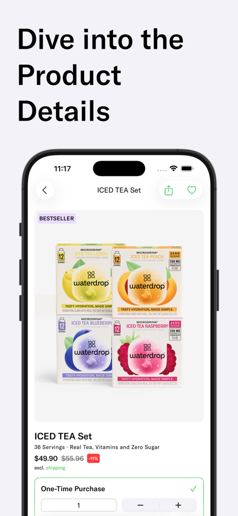 waterdrop® Shopping App - Mobile screen showing product details for an iced tea set in the waterdrop shopping app