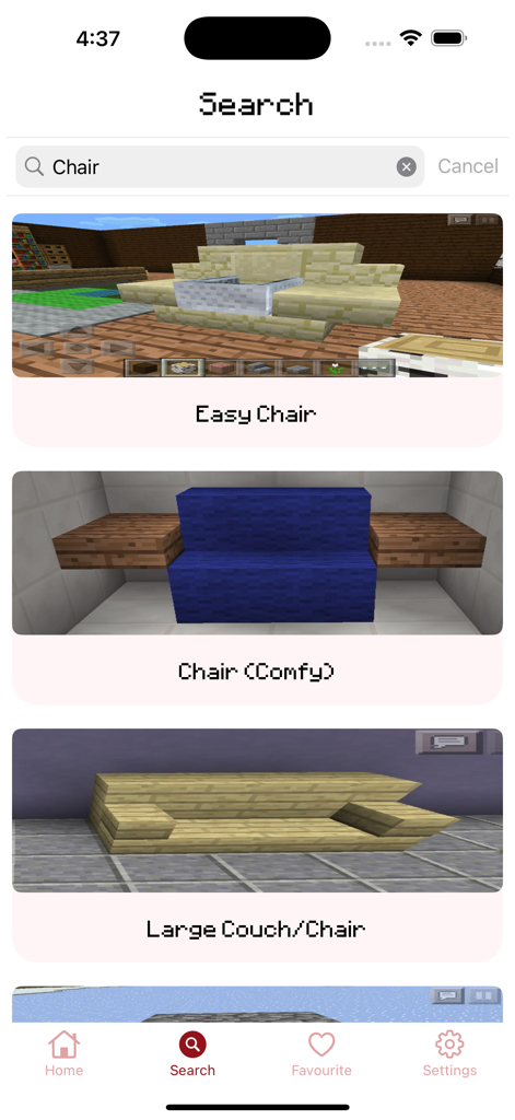 Furniture Guide for Minecraft! - Search screen in the Furniture Guide for Minecraft app showing various chair designs