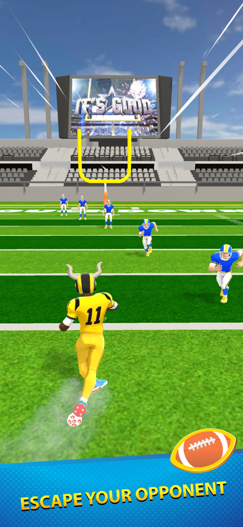 Hyper Touchdown 3D - A 3D American football player in a yellow uniform dodging opponents on a football field