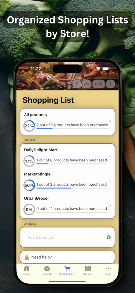 Meal Planner - Grocery List - A mobile app interface showing a grocery shopping list organized by different stores with progress tracking for purchased items.