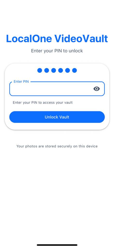 LocalOne VideoVault - LocalOne VideoVault 개인 동영상 저장을 위한 안전한 PIN 잠금 해제 화면