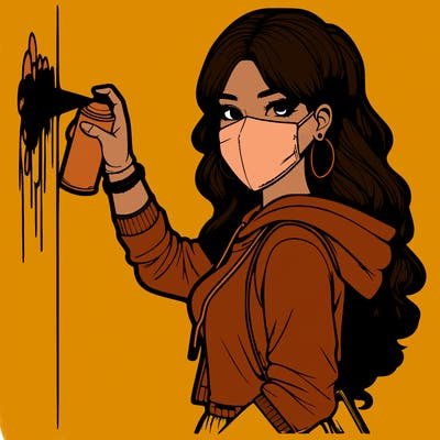 realistic girl with mask spray painting a wall